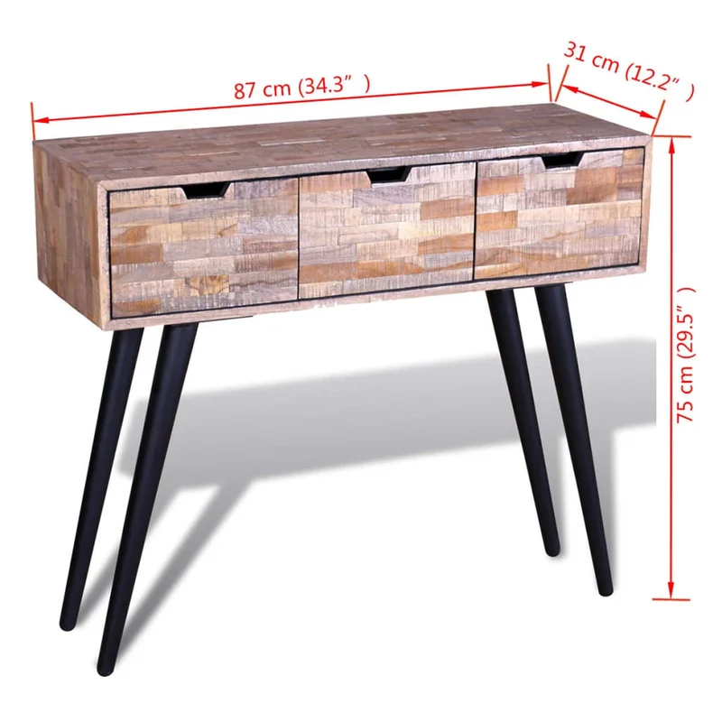 Meuble console d'entrée moderne avec 3 tiroirs en bois de teck recyclé et fer DEC031627