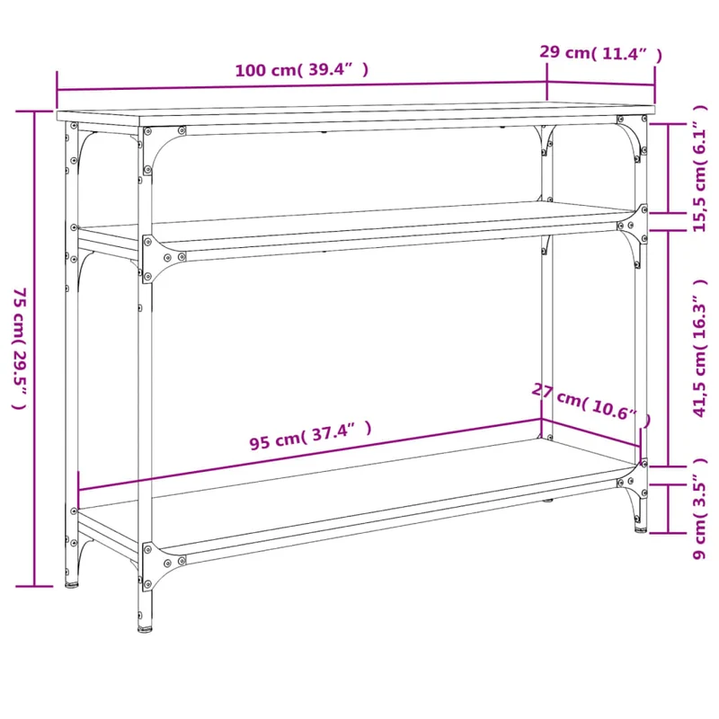Table d'appoint console pratique avec étagères de rangement 100 x 29 x 75 cm bois d'ingénierie et métal noir DEC032064