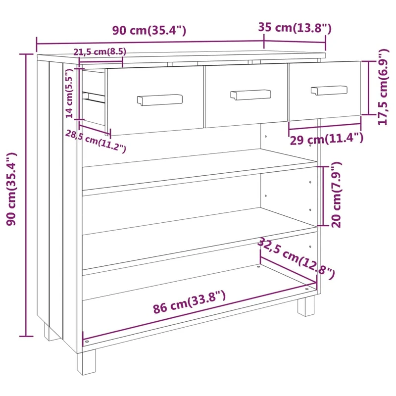Table d'appoint console avec tiroirs de rangement et étagères 90 x 35 x 90 cm bois de pin gris DEC032022