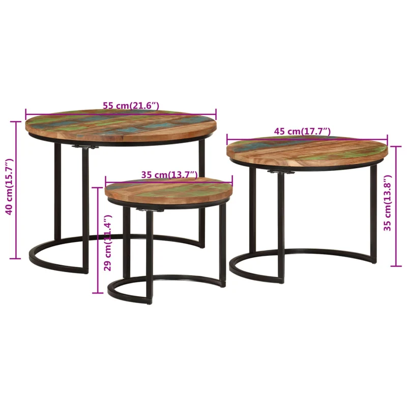 Set de 3 tables basse gigognes en bois massif de récupération et fer DEC031327
