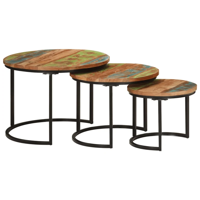 Set de 3 tables basse gigognes en bois massif de récupération et fer DEC031327