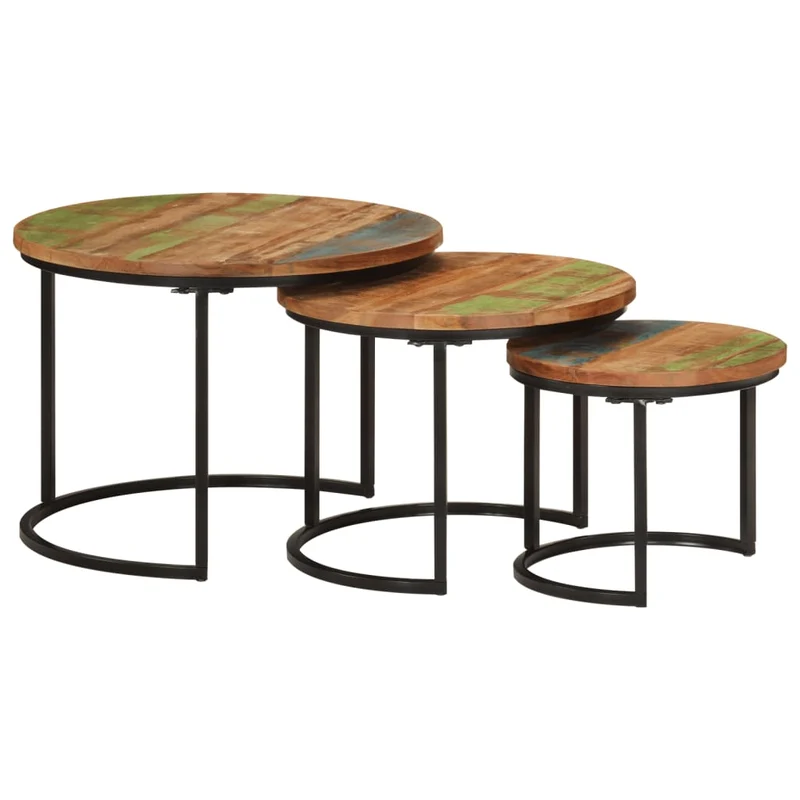Set de 3 tables basse gigognes en bois massif de récupération et fer DEC031327