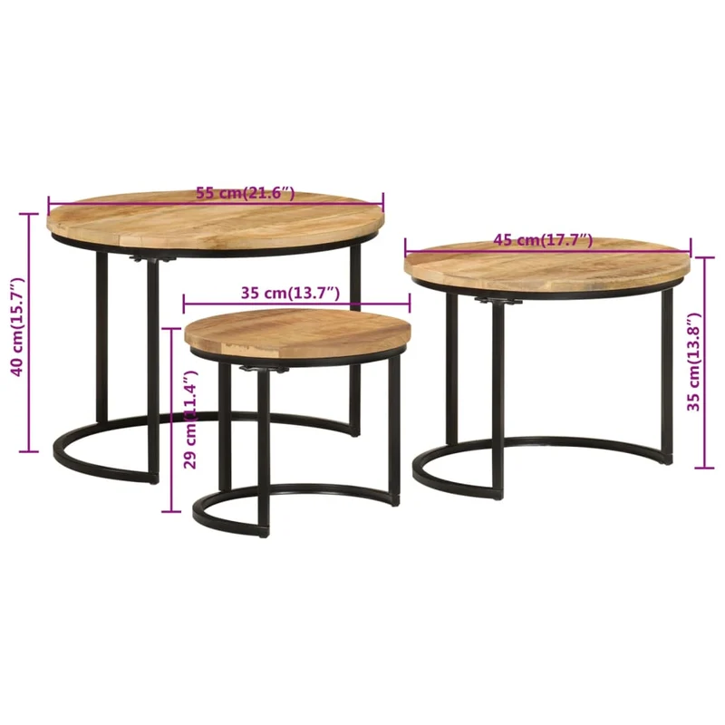 Set de 3 tables basse gigognes en bois de manguier et fer DEC031324