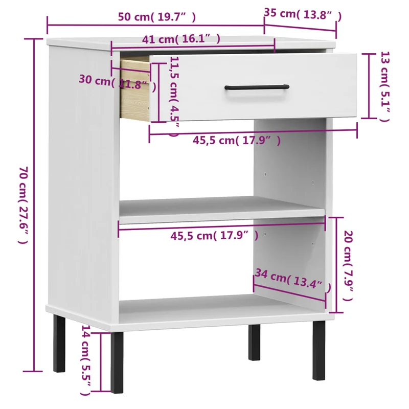 Armoire console avec tiroir et deux compartiments avec pieds en métal et bois de pin blanc DEC031369