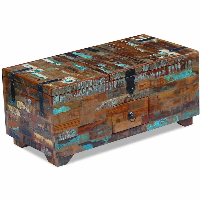 Coffre table basse en bois de récupération massif avec trois compartiments 80 x 40 x 35 cm DEC031229