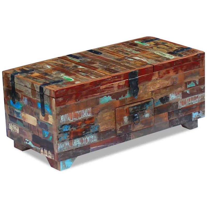 Coffre table basse en bois de récupération massif avec trois compartiments 80 x 40 x 35 cm DEC031229