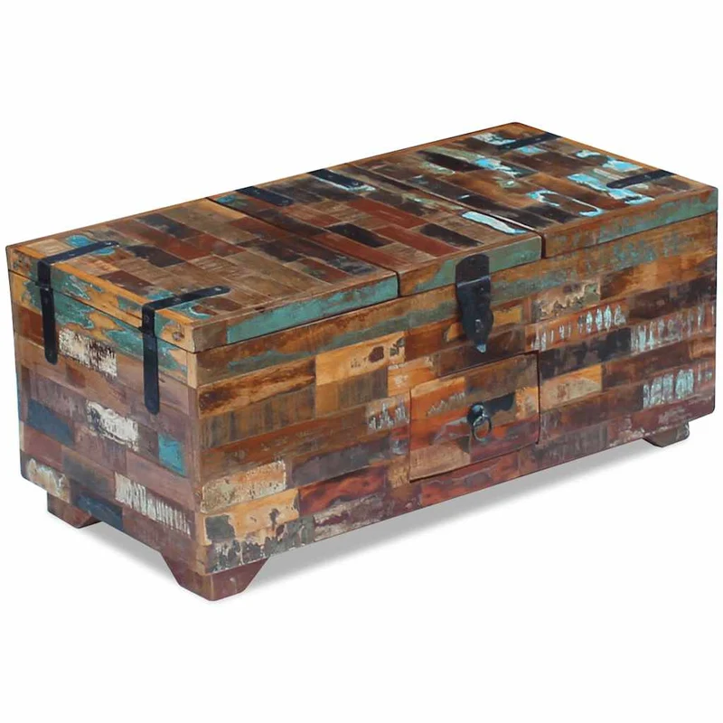 Coffre table basse en bois de récupération massif avec trois compartiments 80 x 40 x 35 cm DEC031229