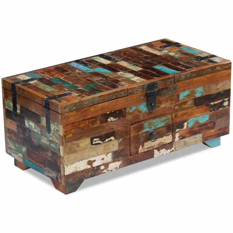 Coffre table basse en bois de récupération massif avec trois compartiments 80 x 40 x 35 cm DEC031229