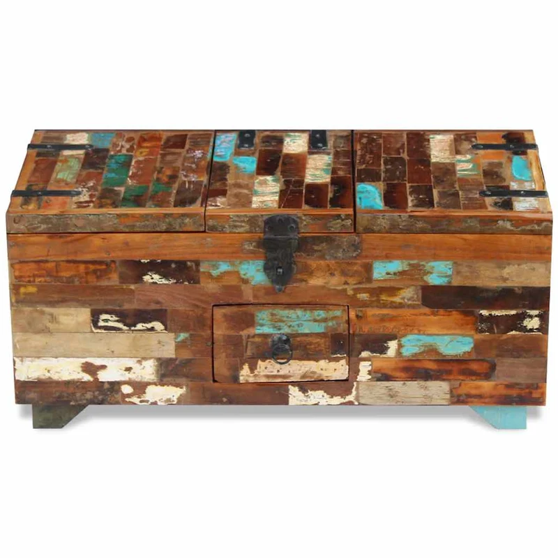 Coffre table basse en bois de récupération massif avec trois compartiments 80 x 40 x 35 cm DEC031229