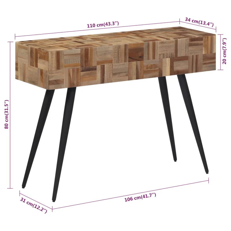 Meuble console d'entrée moderne 110 x 34 x 80 cm teck de récupération massif et fer DEC031517