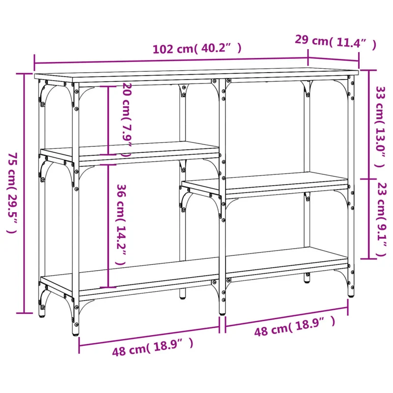 Table d'appoint console pratique avec étagères de rangement 102 x 29 x 75 cm bois d'ingénierie marron et métal DEC031852