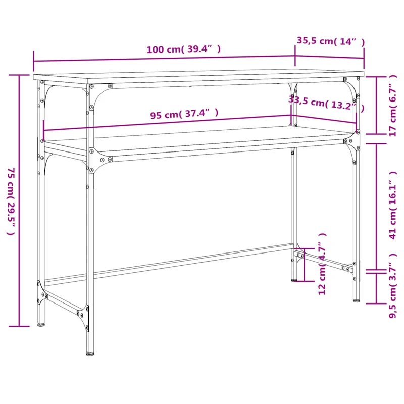 Table d'appoint console pratique avec étagère pour une entrée organisée 100 x 35,5 x 75 cm bois d'ingénierie marron et métal DEC031767