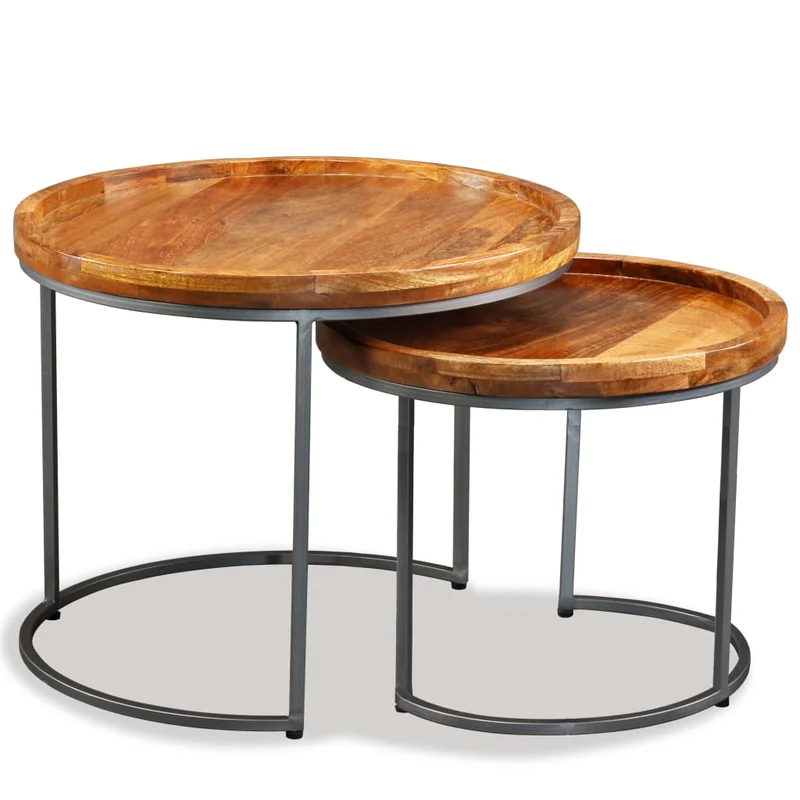 Ensemble de deux tables d'appoint support de plante en bois de manguier massif et fer DEC031397