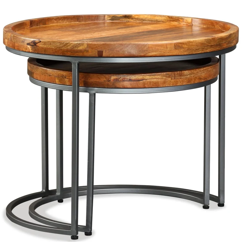 Ensemble de deux tables d'appoint support de plante en bois de manguier massif et fer DEC031397