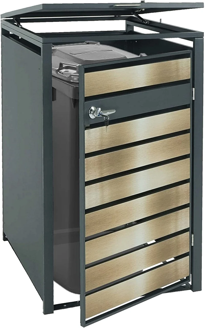 Abri de poubelle vérouillable en métal anthracite aspect bois doré MDJ04179