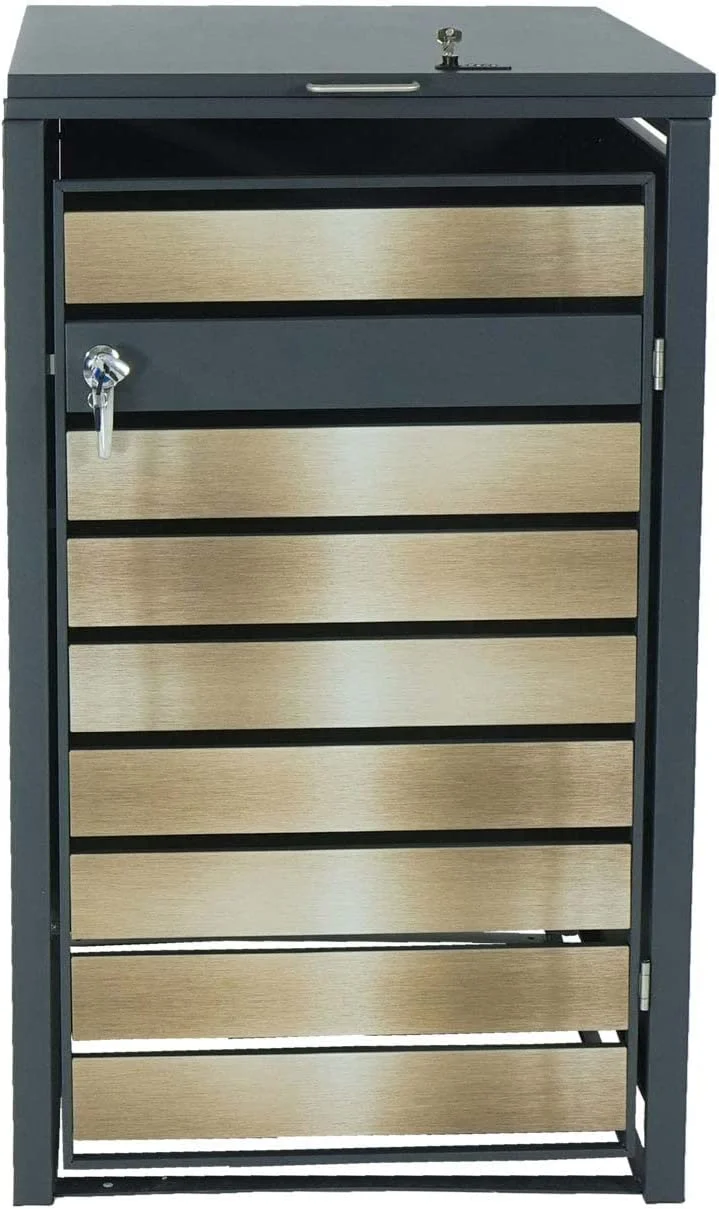 Abri de poubelle vérouillable en métal anthracite aspect bois doré MDJ04179
