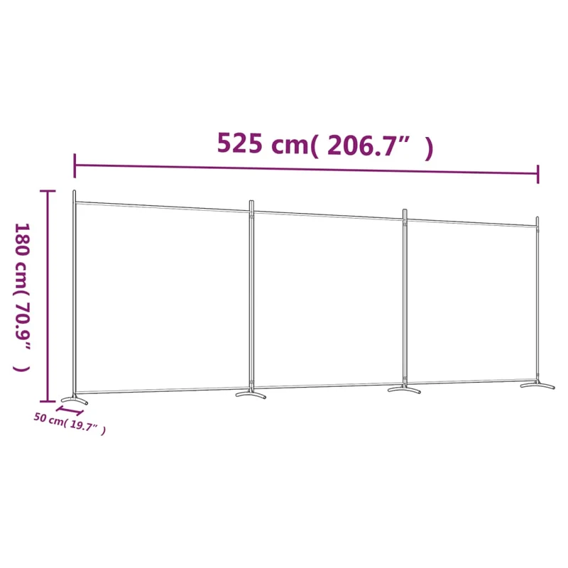 séparateur de pièce cloison 3 panneaux 525 x 180 cm tissu anthracite et fer DEC030726