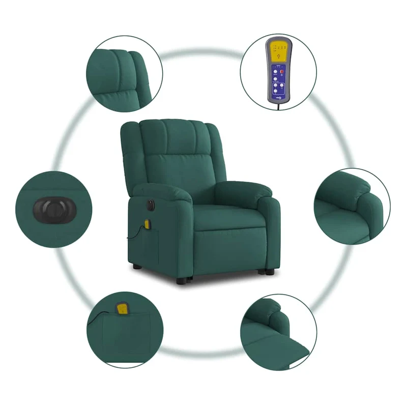 Fauteuil de relaxation fonction massage et inclinable levage électrique en tissu vert foncé DEC027878