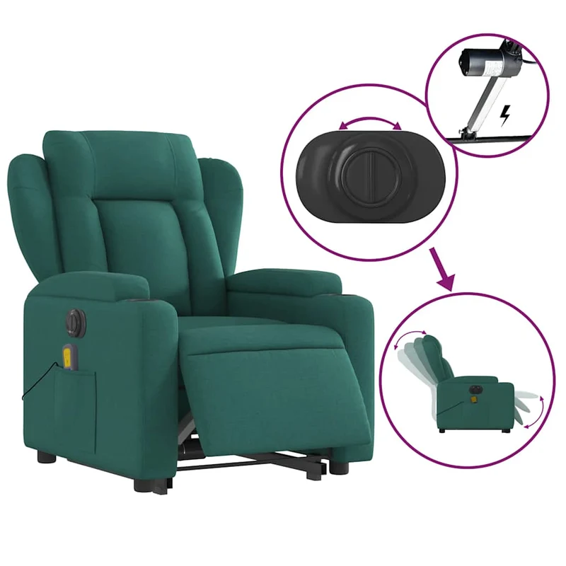 Fauteuil de relaxation fonction massage et inclinable fonction de levage électrique en tissu vert foncé DEC027877