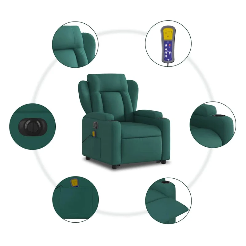 Fauteuil de relaxation fonction massage et inclinable fonction de levage électrique en tissu vert foncé DEC027877