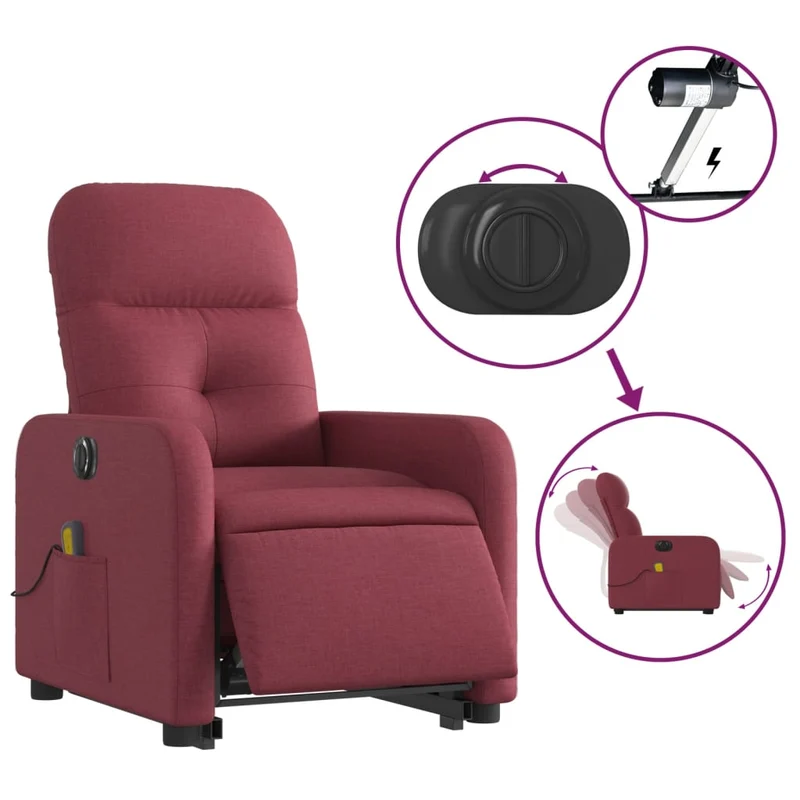 Fauteuil de relaxation fonction massage et inclinable levage électrique en tissu rouge bordeaux DEC027851