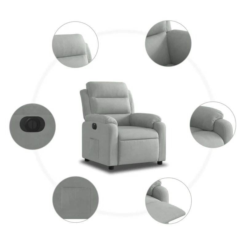 Fauteuil relax TV fonction d'inclinaison électrique très confortable en velours gris clair DEC028333