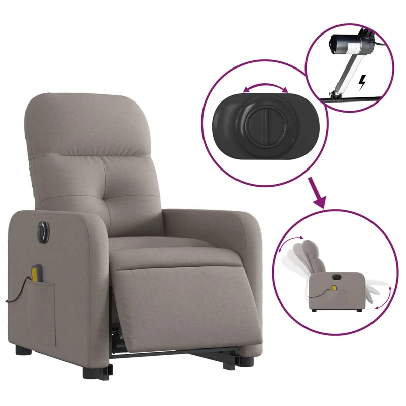 Fauteuil de relaxation fonction massage et inclinable fonction de levage électrique en tissu taupe DEC027862