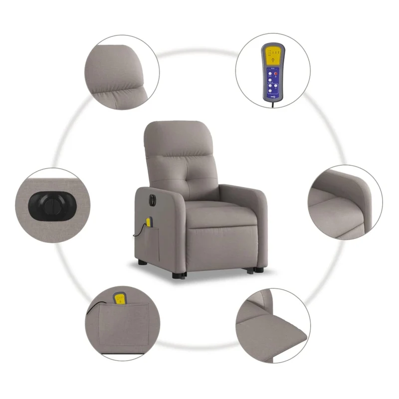 Fauteuil de relaxation fonction massage et inclinable fonction de levage électrique en tissu taupe DEC027862