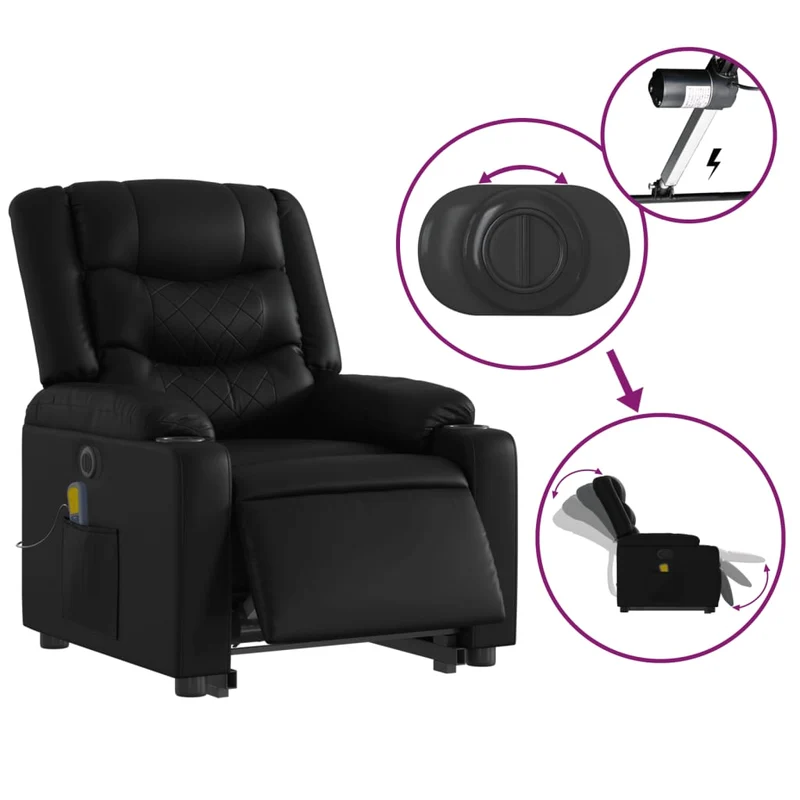 Fauteuil de relaxation fonction massage et inclinable fonction de levage électrique en PVC noir DEC027807