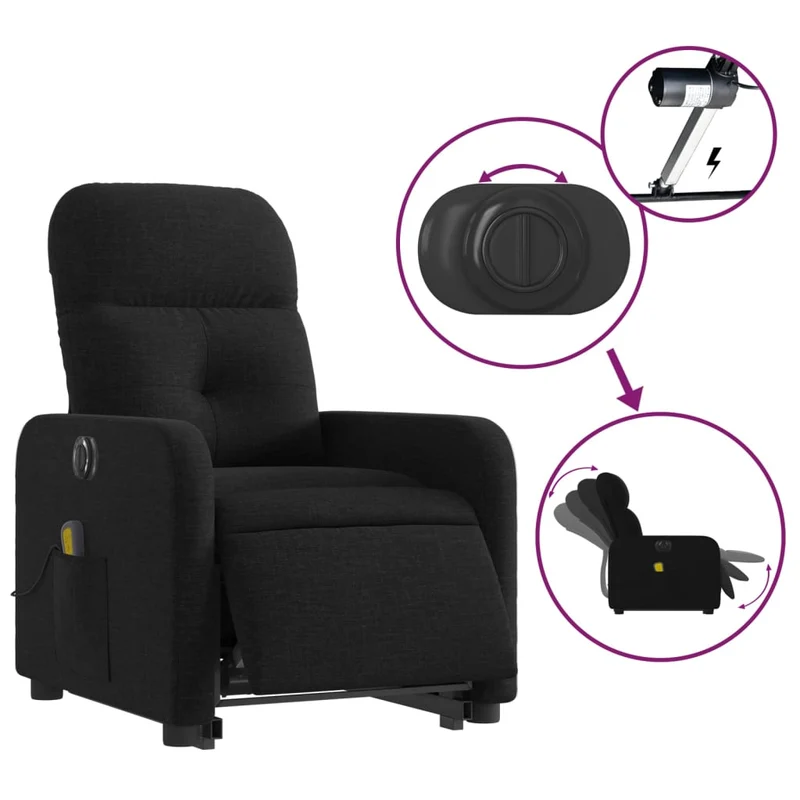 Fauteuil de relaxation fonction massage et inclinable fonction de levage électrique en tissu noir DEC027820