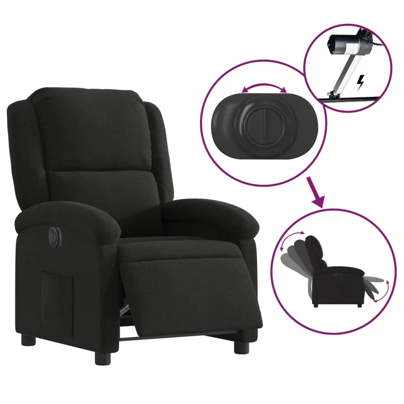 Fauteuil relax TV fonction d'inclinaison électrique très confortable en tissu noir DEC028491