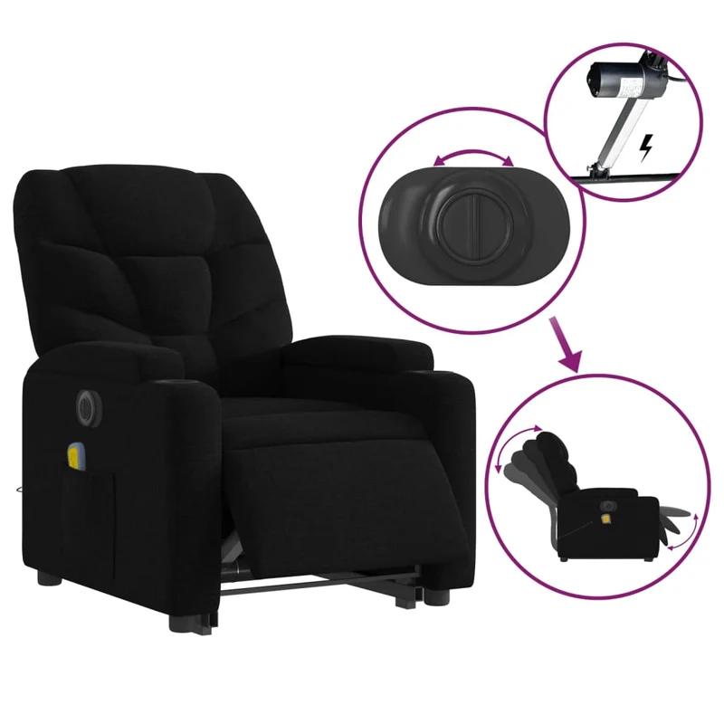 Fauteuil de relaxation fonction massage et inclinable fonction de levage électrique en tissu noir DEC027817