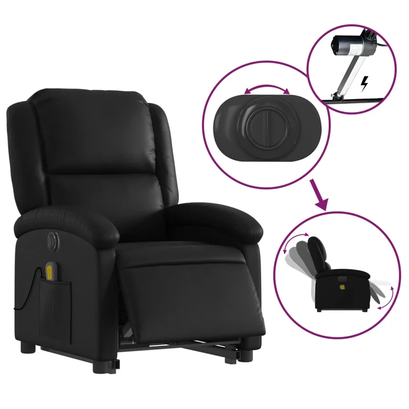 Fauteuil de relaxation fonction massage et inclinable fonction de levage électrique en PVC noir DEC027797