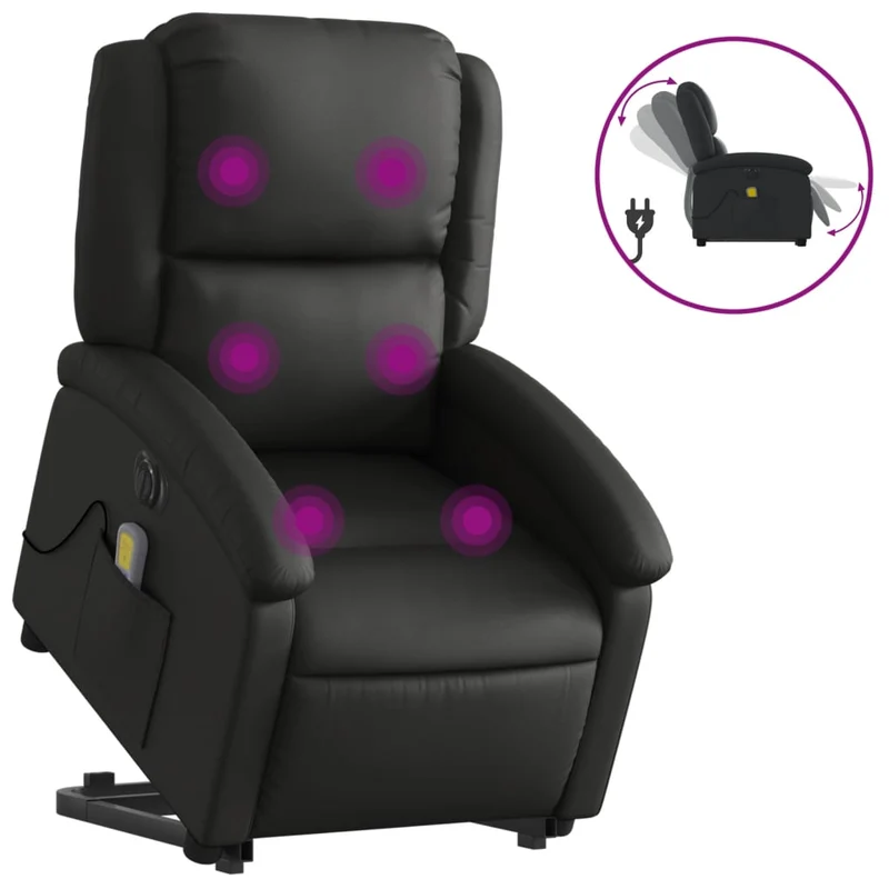Fauteuil de relaxation fonction massage et inclinable fonction de levage électrique en cuir véritable noir DEC027796