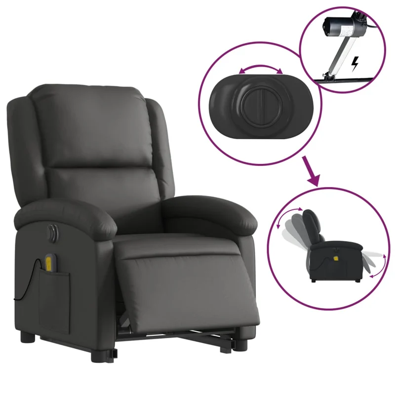 Fauteuil de relaxation fonction massage et inclinable fonction de levage électrique en cuir véritable noir DEC027796