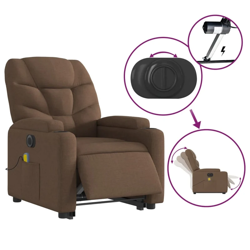 Fauteuil de relaxation fonction massage et inclinable fonction de levage électrique en tissu marron DEC027791