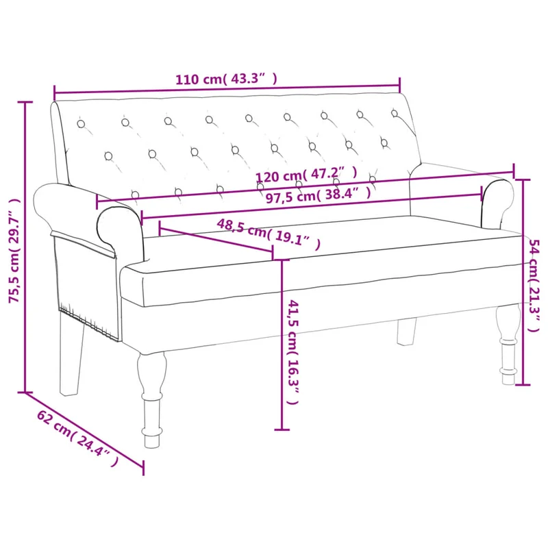 Banquette banc avec dossier capitonné et accoudoirs 120 x 62 x 75,5 cm en tissu rouge bordeaux DEC024659