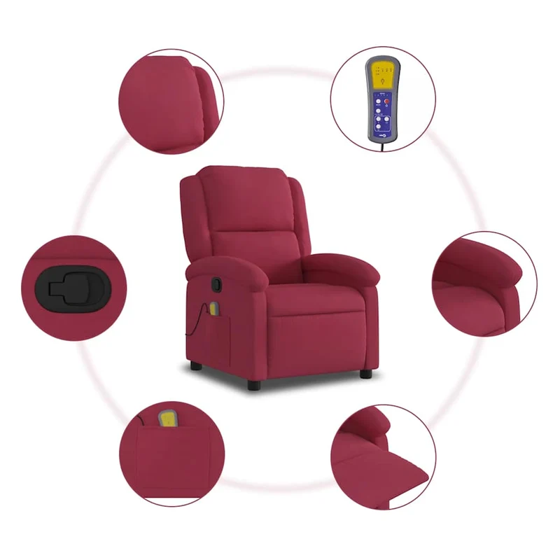 Fauteuil de relaxation TV fonction massage inclinable 6 points de massage en velours rouge bordeaux DEC027099