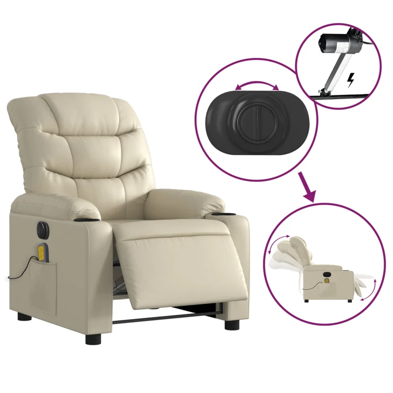 Fauteuil de relaxation TV fonction massage inclinable électrique 6 points de massage en PVC crème DEC027147