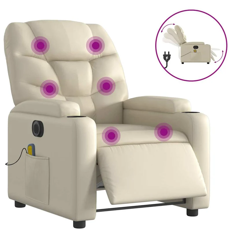 Fauteuil de relaxation TV fonction massage inclinable électrique 6 points de massage en PVC crème DEC027145