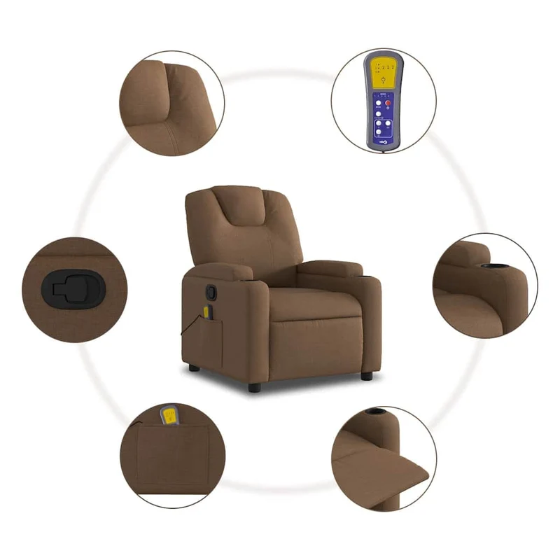 Fauteuil de relaxation TV fonction massage inclinable 6 points de massage en tissu marron DEC027019