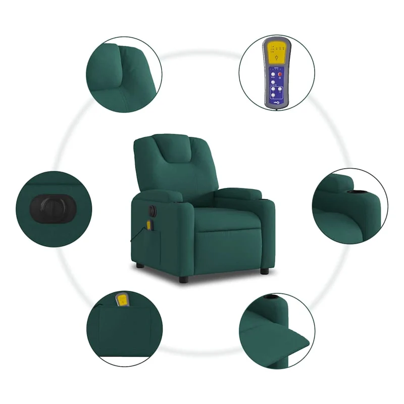 Fauteuil de relaxation TV fonction massage inclinable électrique 6 points de massage en tissu vert foncé DEC027279