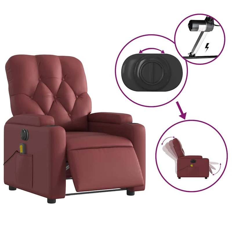Fauteuil de relaxation TV fonction massage inclinable électrique 6 points de massage en PVC rouge bordeaux DEC027241