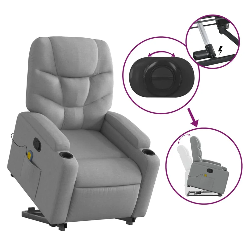 Fauteuil de relaxation TV fonction massage inclinable levage électrique en tissu gris clair DEC026919