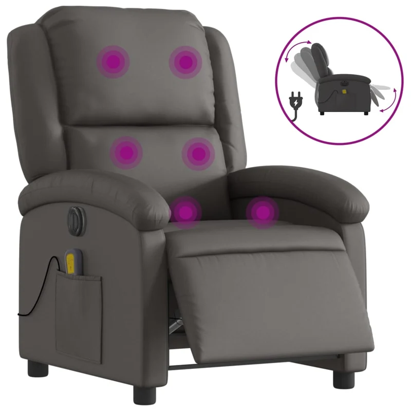 Fauteuil de relaxation TV fonction massage inclinable électrique 6 points de massage en cuir véritable gris DEC027170