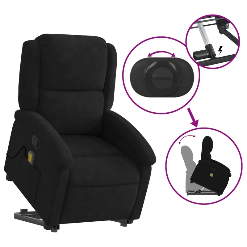 Fauteuil de relaxation TV fonction massage inclinable levage électrique en velours noir DEC027074