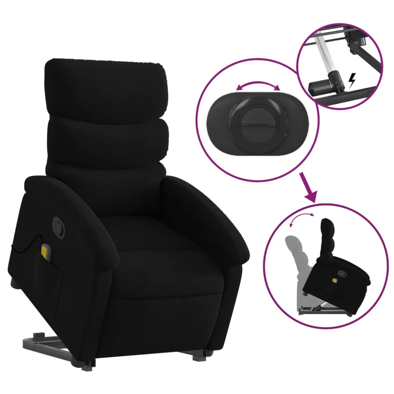 Fauteuil de relaxation TV fonction massage inclinable levage électrique en tissu noir tissu DEC027053