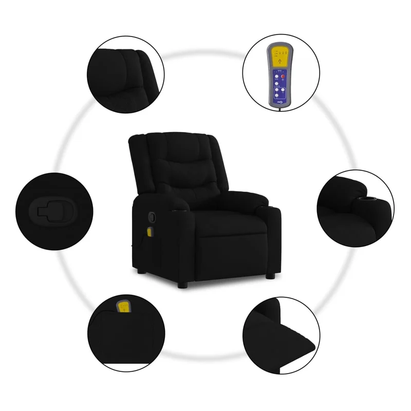 Fauteuil de relaxation TV fonction massage inclinable 6 points de massage en tissu noir DEC027050