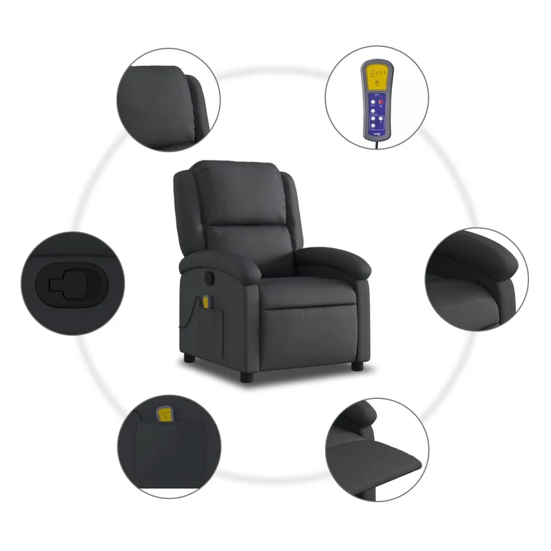 Fauteuil de relaxation TV fonction massage inclinable 6 points de massage en cuir véritable noir DEC027028