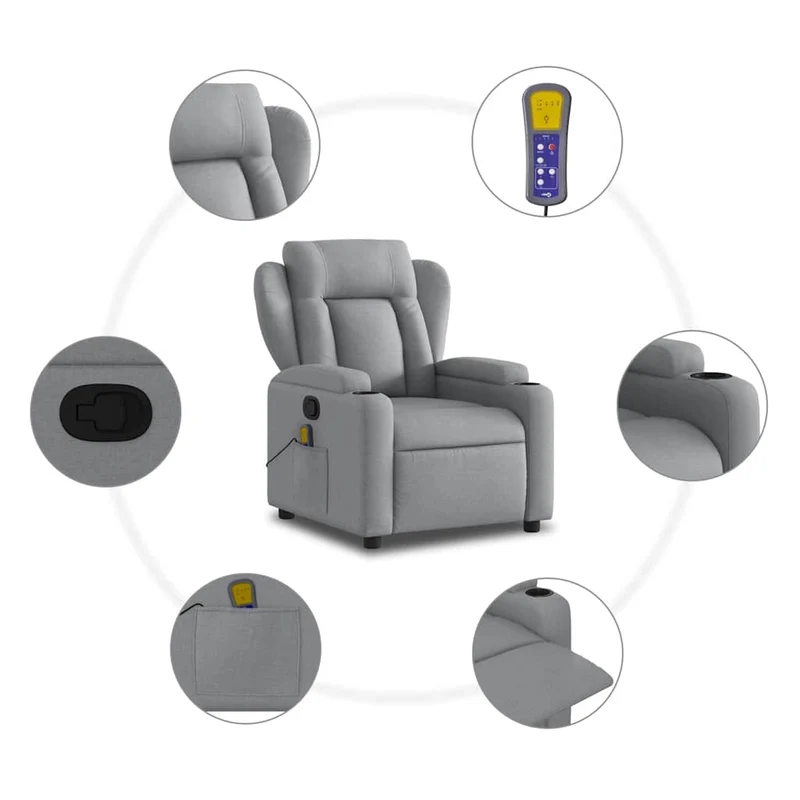 Fauteuil de relaxation TV fonction massage 6 points de massage inclinable en tissu gris clair DEC026903